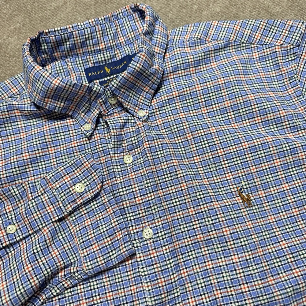 Ralph Lauren Slim Fit Stretch Oxford Shirt XXL Blue Orange Plaid Button Down
